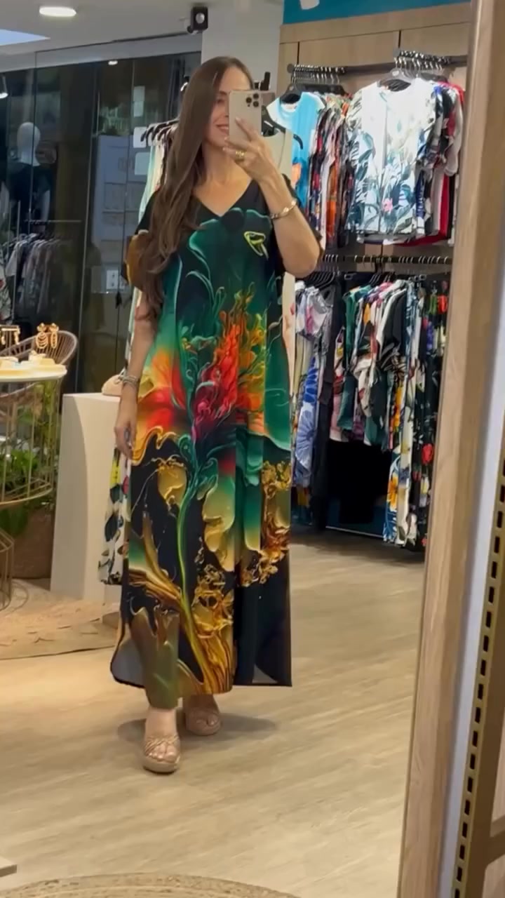 Női laza, lezser V-nyakú ruha mintával és rövid ujjakkal