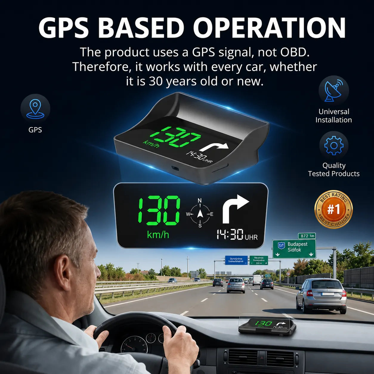 Digitális autósebességmérő head-up kijelzővel (HUD) és GPS navigációval
