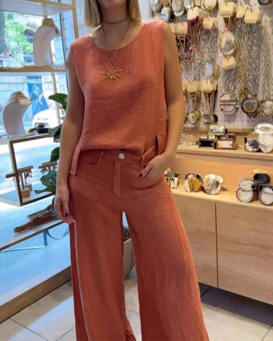 Egyszínű Pamut és Lenvászon Ujjatlan Nadrágszett