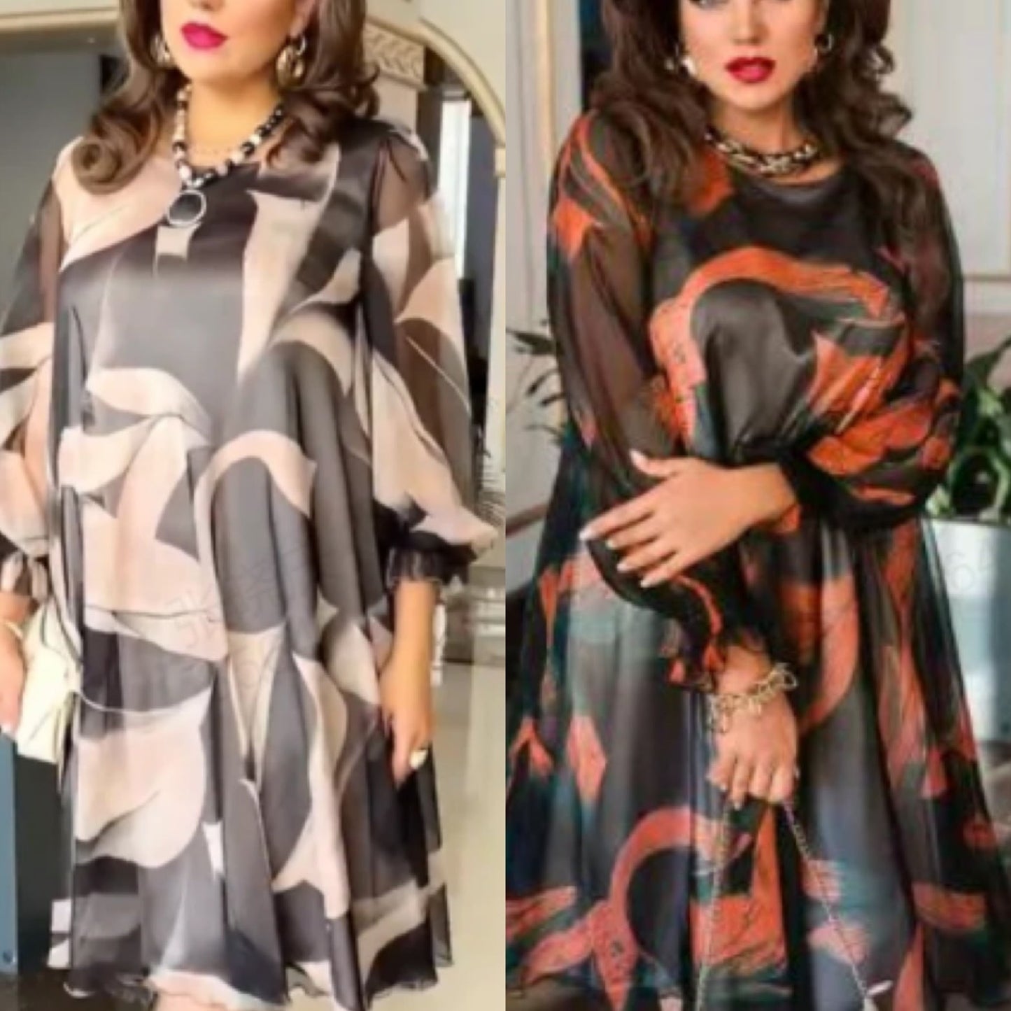 👗Folyó kerek nyakú ruha hosszú ujjakkal és nyomtatással