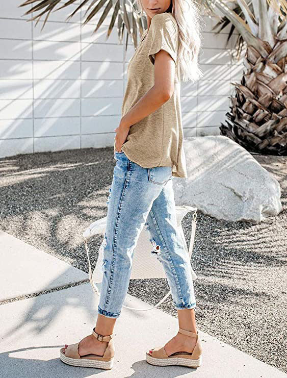 🌈 Egyszínű, rövid ujjú, zsebes póló, új nyári stílus