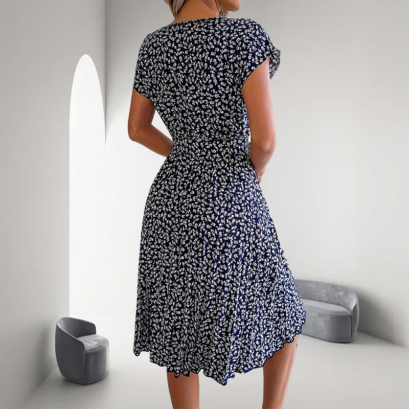 🎁2025-ös nyári kiárusítás🎁 Virágos, rövid ujjú, hajtogatott női ruha👗 (6 színben, zsebekkel)