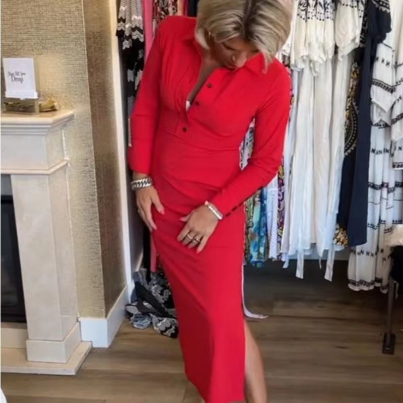 Szexi piros női ruha, hosszú ujjú és hajtókával