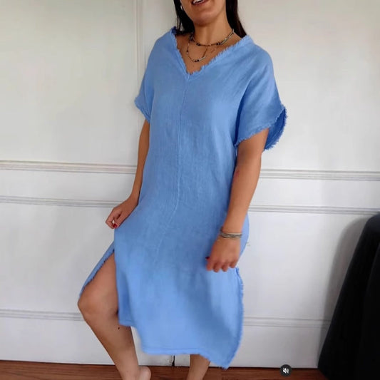 ✨Tavaszi újdonság✨Pamut és vászon ruha, lezser, V-kivágással és rojtokkal