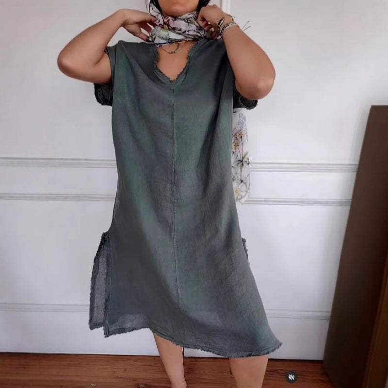 ✨Tavaszi újdonság✨Pamut és vászon ruha, lezser, V-kivágással és rojtokkal