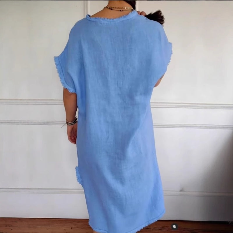 ✨Tavaszi újdonság✨Pamut és vászon ruha, lezser, V-kivágással és rojtokkal