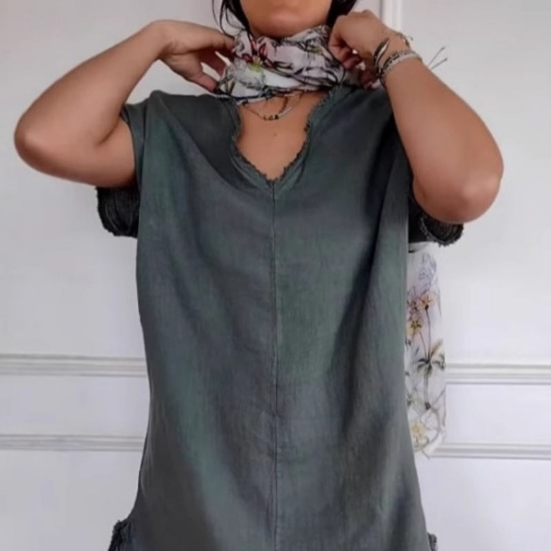 ✨Tavaszi újdonság✨Pamut és vászon ruha, lezser, V-kivágással és rojtokkal