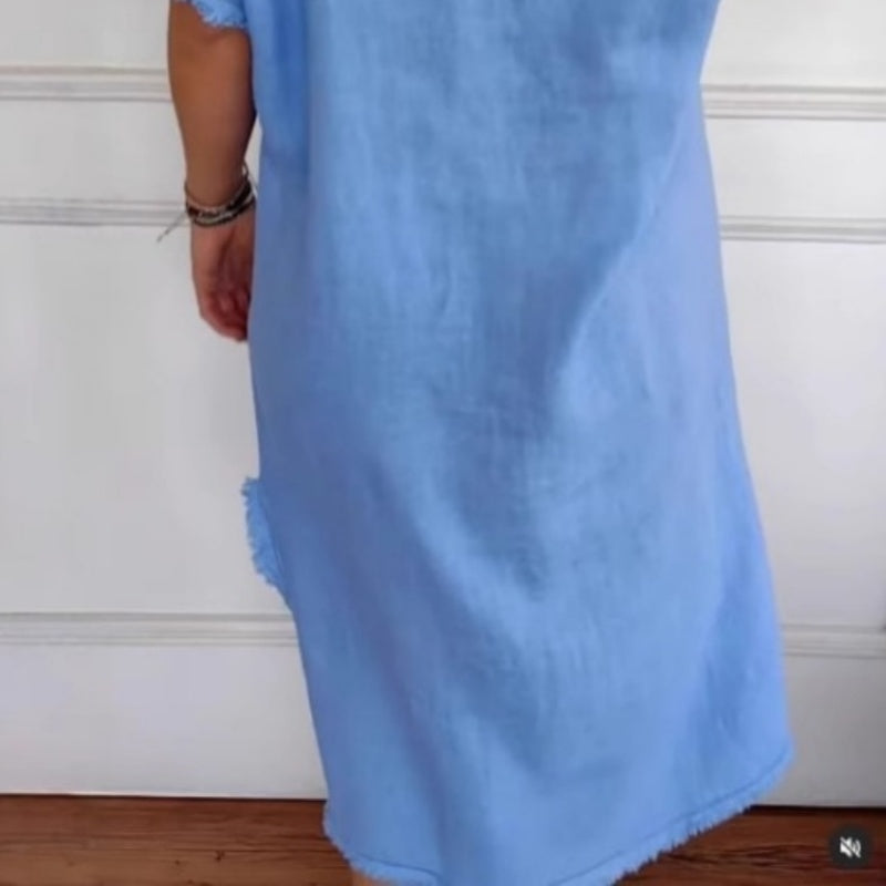 ✨Tavaszi újdonság✨Pamut és vászon ruha, lezser, V-kivágással és rojtokkal