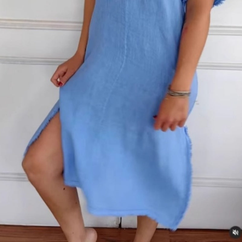 ✨Tavaszi újdonság✨Pamut és vászon ruha, lezser, V-kivágással és rojtokkal