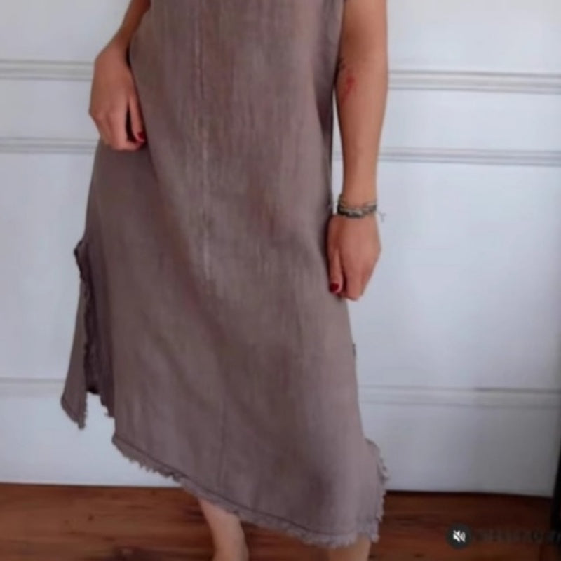 ✨Tavaszi újdonság✨Pamut és vászon ruha, lezser, V-kivágással és rojtokkal