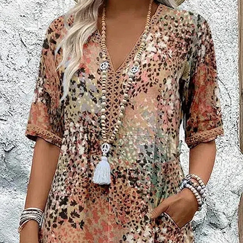 💥Női, V-nyakú, nyomott midi ruha