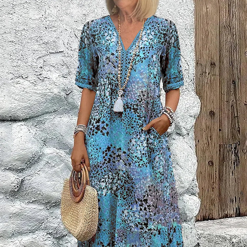 💥Női, V-nyakú, nyomott midi ruha