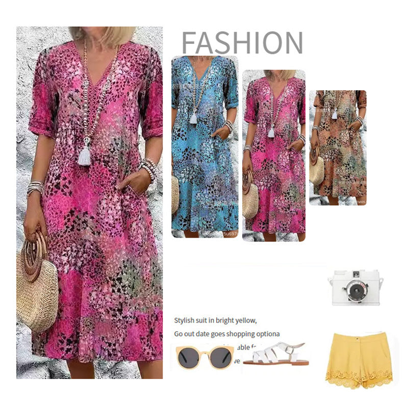 💥Női, V-nyakú, nyomott midi ruha