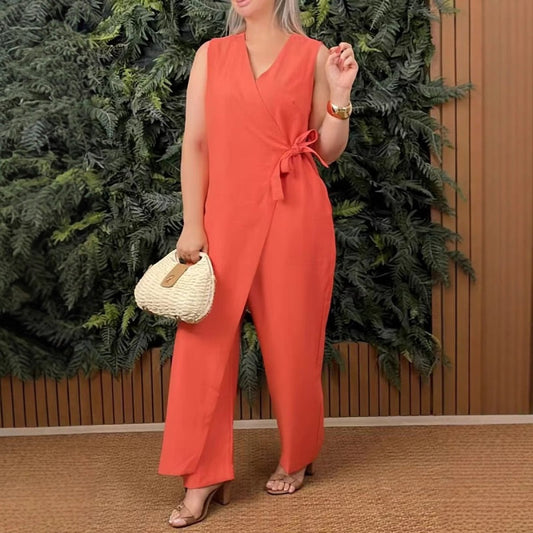 💖Női egyszínű, V-nyakú kötött jumpsuit