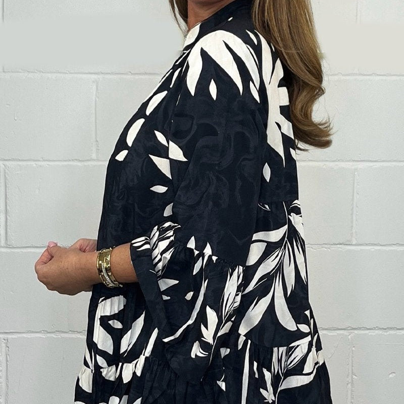 🌷V-nyakú virágos fodros ujjú fodros szegélyű felső