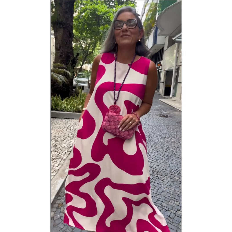 Kerek nyakú nyomtatott ujjatlan alkalmi divat ruhák