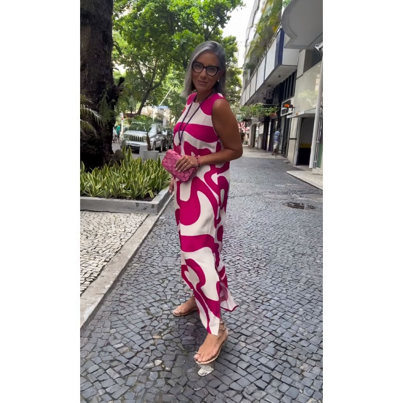 Kerek nyakú nyomtatott ujjatlan alkalmi divat ruhák