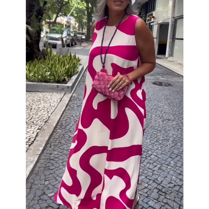 Kerek nyakú nyomtatott ujjatlan alkalmi divat ruhák