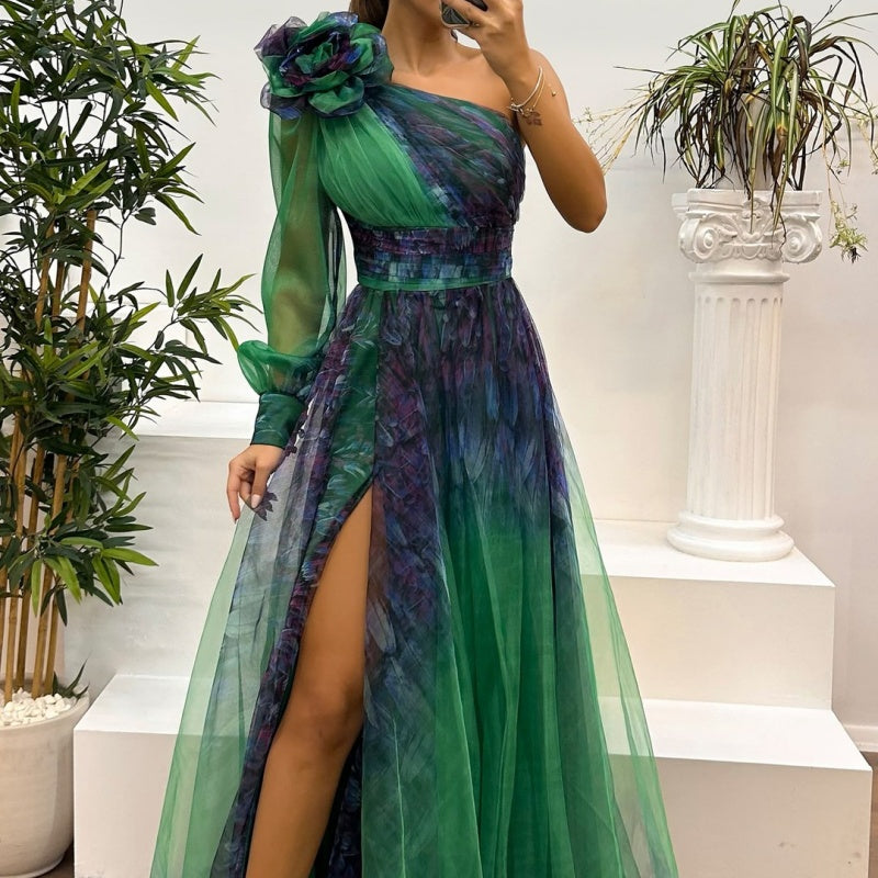 Női mintás ruhák ferde vállakkal