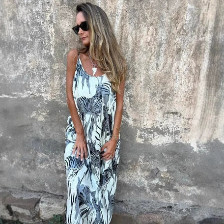 💙Női nyomott spagettipántos hát nélküli ruha