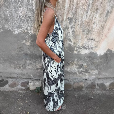 💙Női nyomott spagettipántos hát nélküli ruha