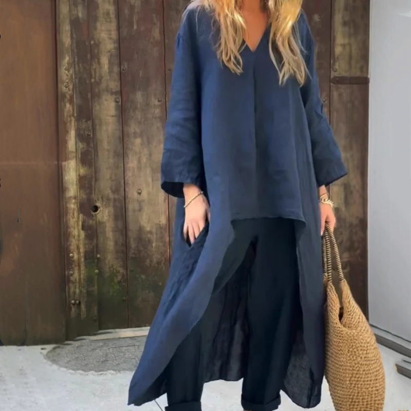 💖Nyári lenvászon női kétrészes kosztüm zsebekkel és hegyes nyakkivágással