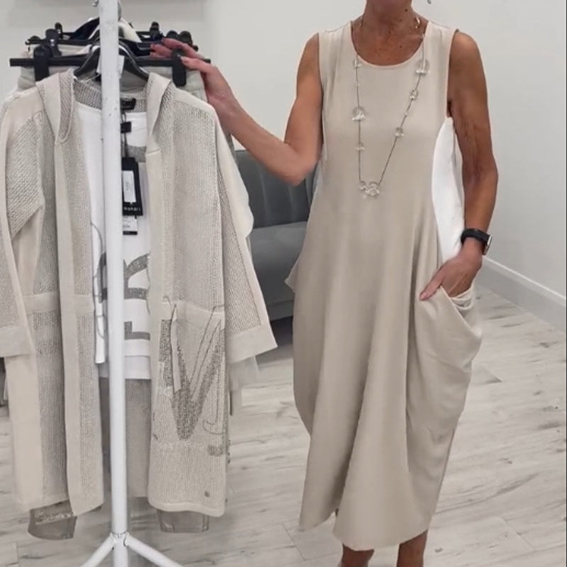✨Egyszerű, ujjatlan lenvászon ruha zsebekkel