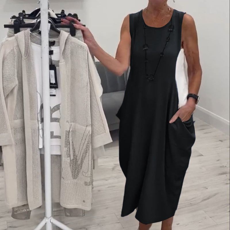 ✨Egyszerű, ujjatlan lenvászon ruha zsebekkel