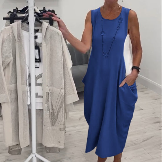 ✨Egyszerű, ujjatlan lenvászon ruha zsebekkel