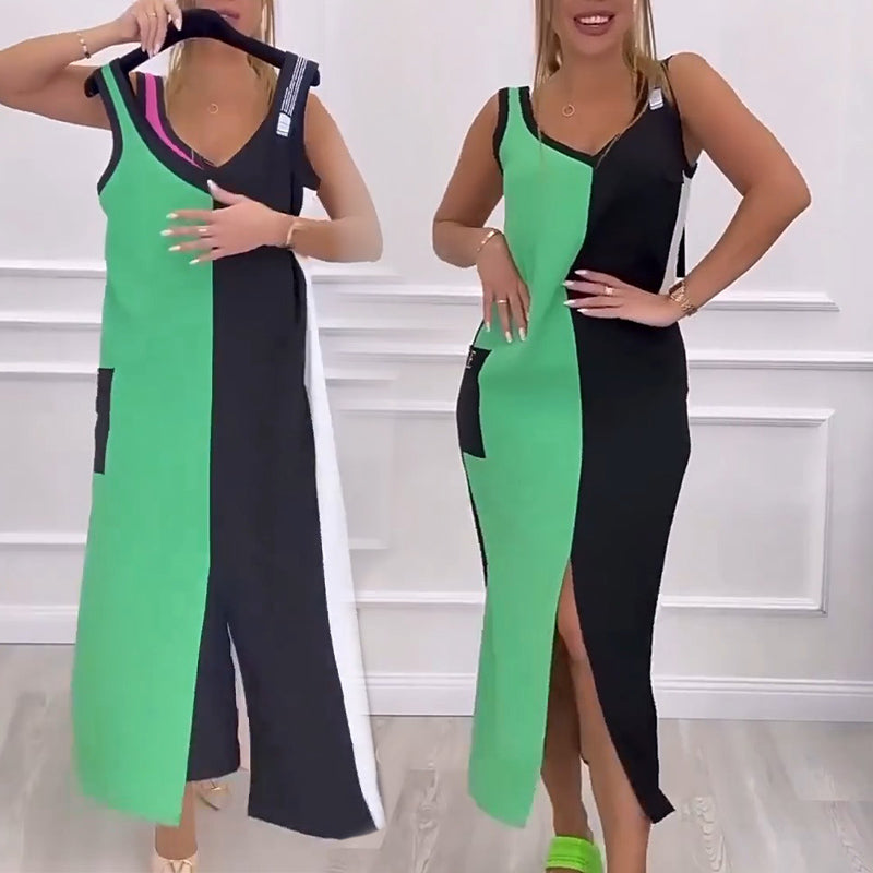 Színes ujjatlan V-nyakú kötött ruha