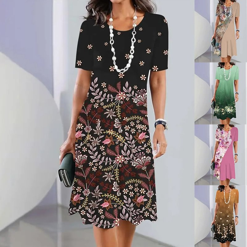🌸Elegáns, kerek nyakú női ruha virágmintás kivitelben