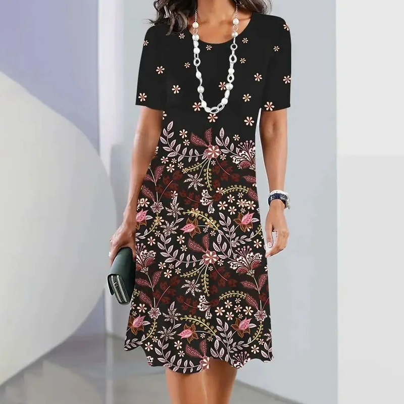 🌸Elegáns, kerek nyakú női ruha virágmintás kivitelben