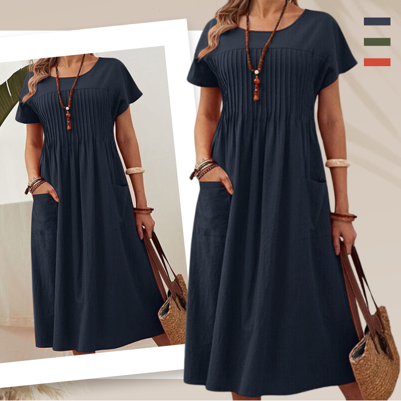 Női rakott ruha rövid ujjal és zsebekkel