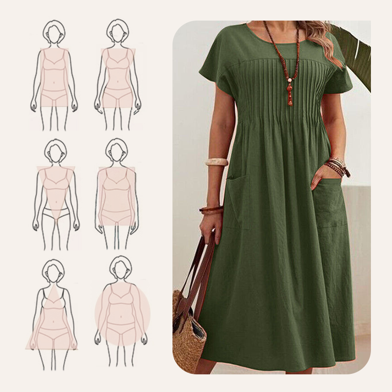 Női rakott ruha rövid ujjal és zsebekkel