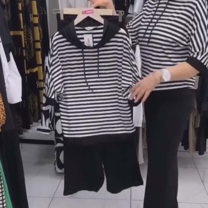 ✨Női Csíkos Felső és Egyszínű Nadrág Szett