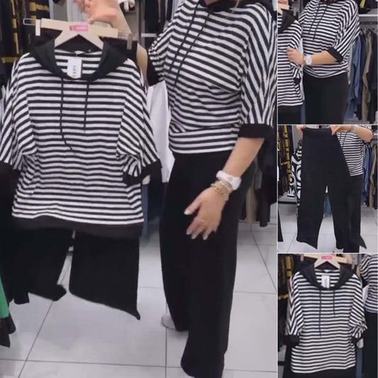 ✨Női Csíkos Felső és Egyszínű Nadrág Szett