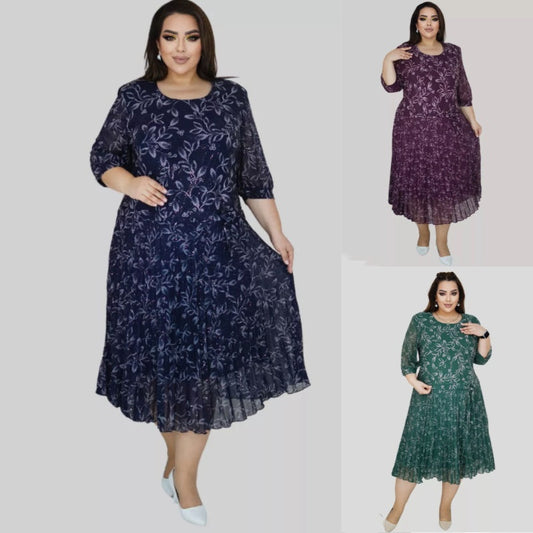 Kerek nyakú, 3/4-es ujjú, mintás maxi ruha