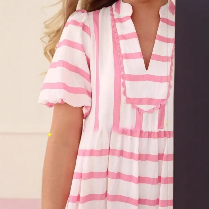 🌸Női nyári csíkos, bő, lezser, rövid ujjú ruha