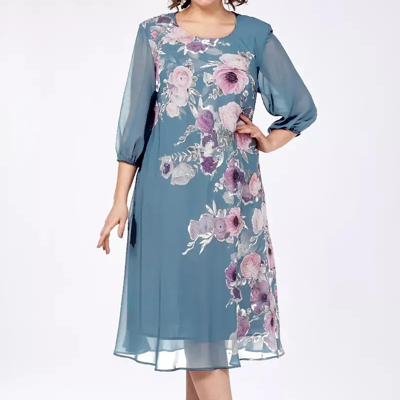 Elegáns virágmintás sifon ruha kerek nyakkivágással