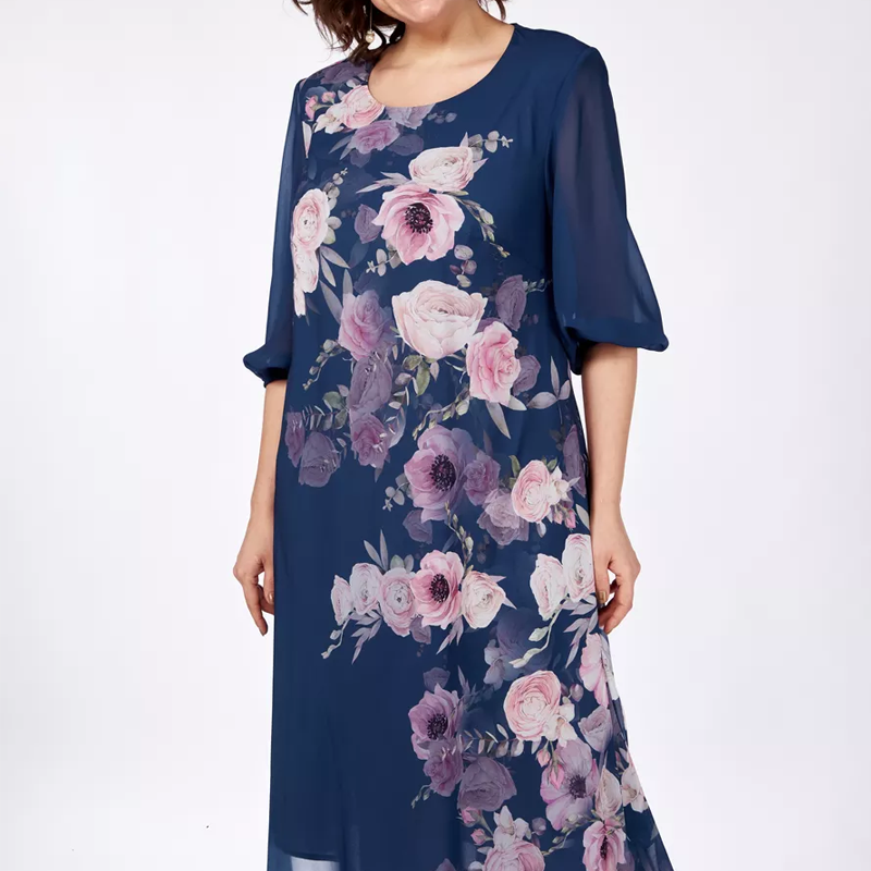 Elegáns virágmintás sifon ruha kerek nyakkivágással