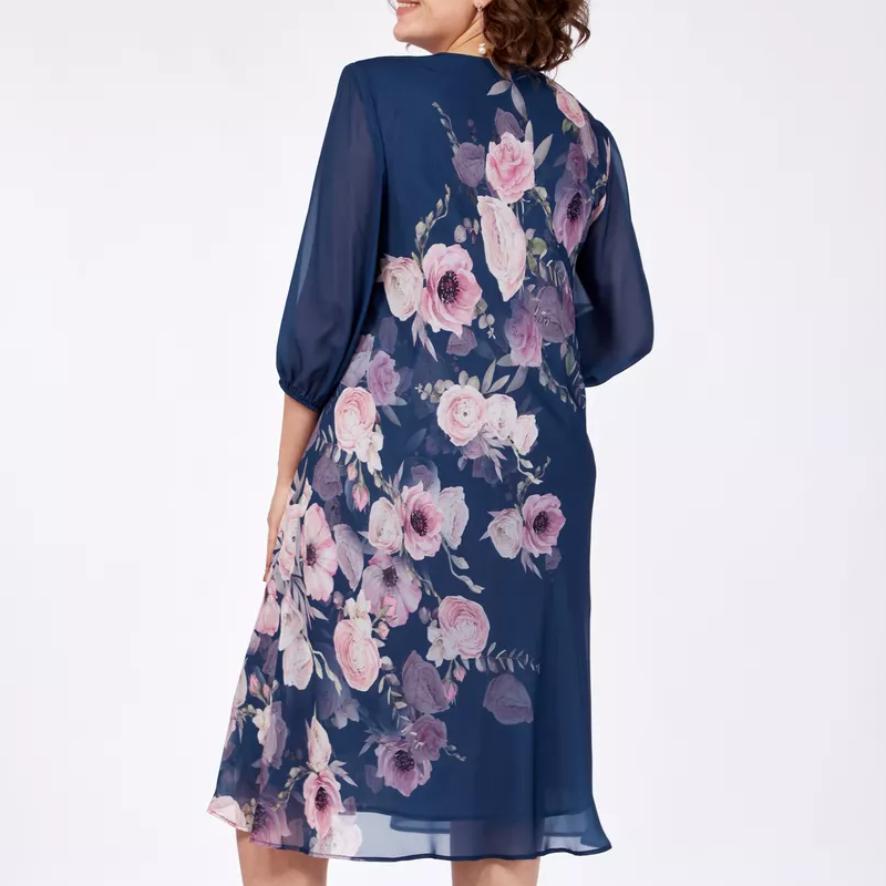 Elegáns virágmintás sifon ruha kerek nyakkivágással
