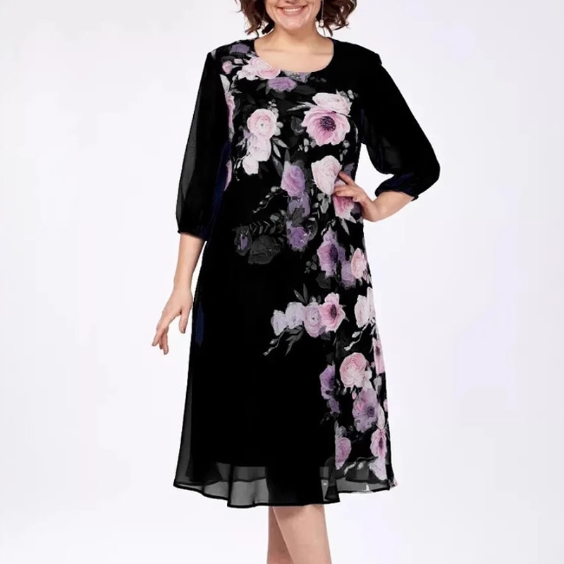 Elegáns virágmintás sifon ruha kerek nyakkivágással