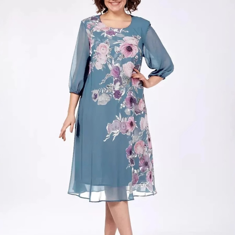 Elegáns virágmintás sifon ruha kerek nyakkivágással