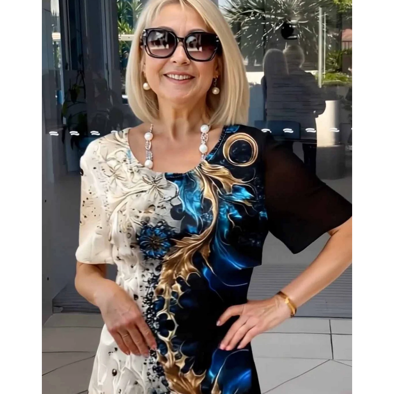 👗 Női nyári virágmintás kerek nyakú, A-vonalú, rövid ujjú ruha