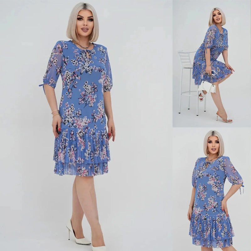 Elegáns, rövid ujjú, rakott hosszú ruha nőknek