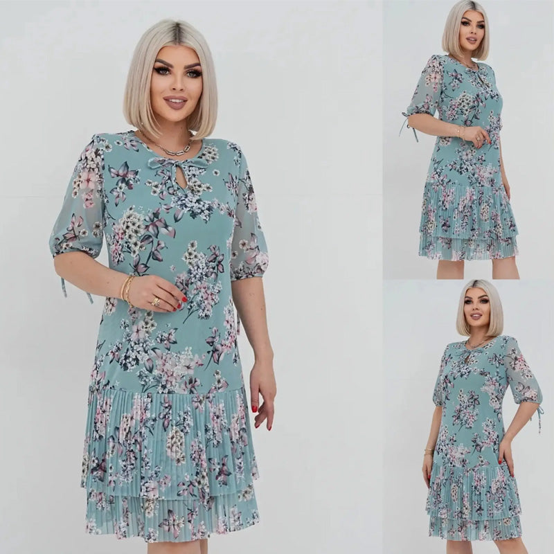 Elegáns, rövid ujjú, rakott hosszú ruha nőknek