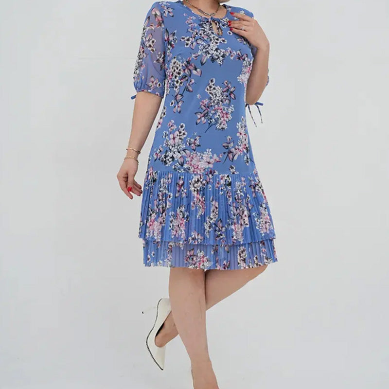 Elegáns, rövid ujjú, rakott hosszú ruha nőknek