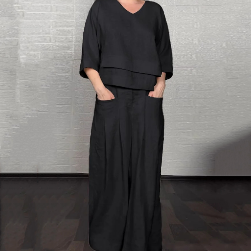 Szabálytalan szegélyű pamutvászon rövid ujjú kétrészes szett