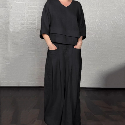 Szabálytalan szegélyű pamutvászon rövid ujjú kétrészes szett