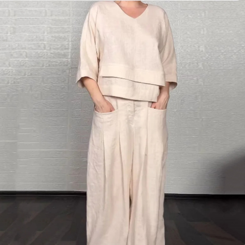 Szabálytalan szegélyű pamutvászon rövid ujjú kétrészes szett